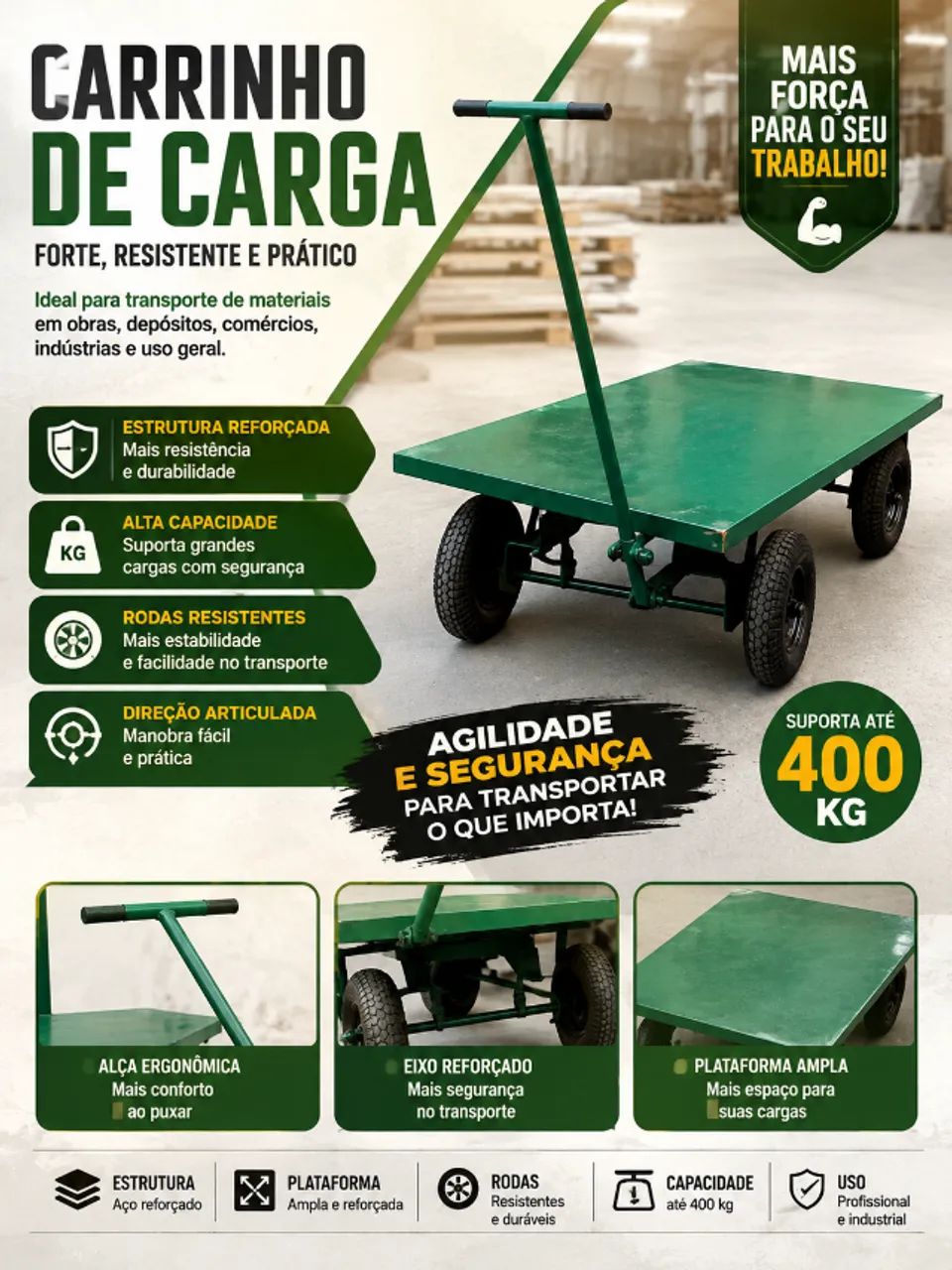 CARRINHO DE PLATAFORMA COM TAMPO AÇO / CARGA 400KG  - Foto 5