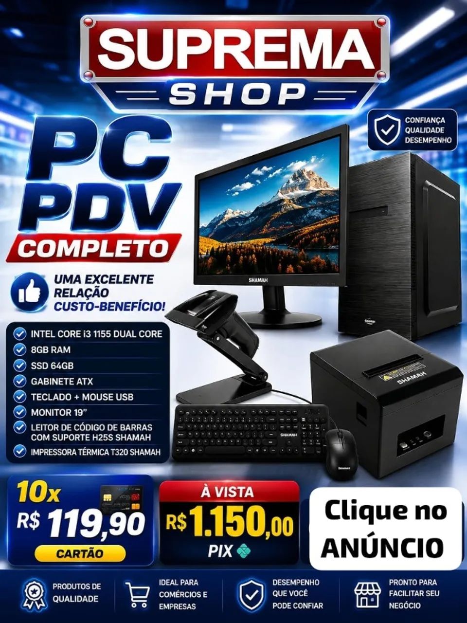 PC COMPLETO INTEL CORE i3 PRA ATENDIMENTO E VENDAS COM IMP CUPOM + LEITOR 
