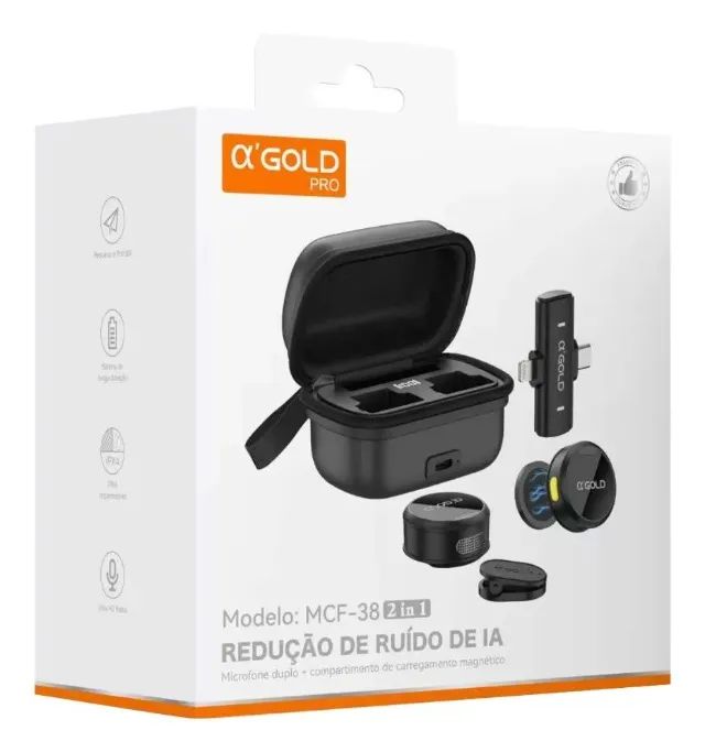 Microfone  Para Celular Lapela A'gold Mcf-38 Sem Fio Duplo 2 Em 1 Tipo C Lightning + Case - Foto 2