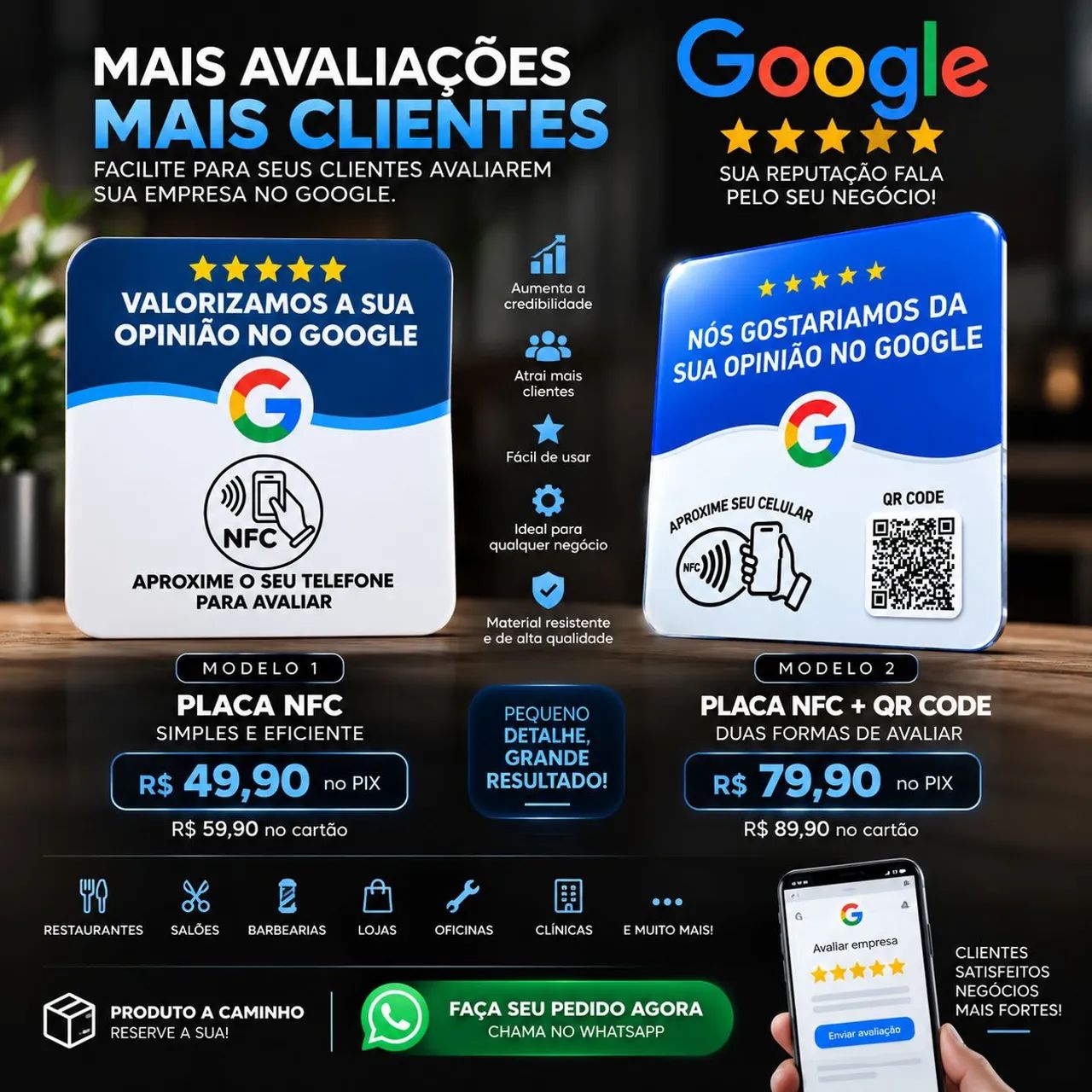 Placa de Avaliação Google NFC / NFC + QR Code para Comércio