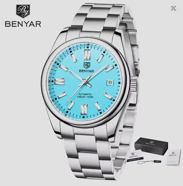 Relógio automático Benyar 100 m aço inoxidável Prateado Fundo Azul 