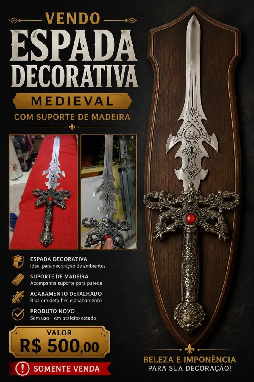 ESPADA DECORATIVA MEDIEVAL COM SUPORTE DE MADEIRA. 