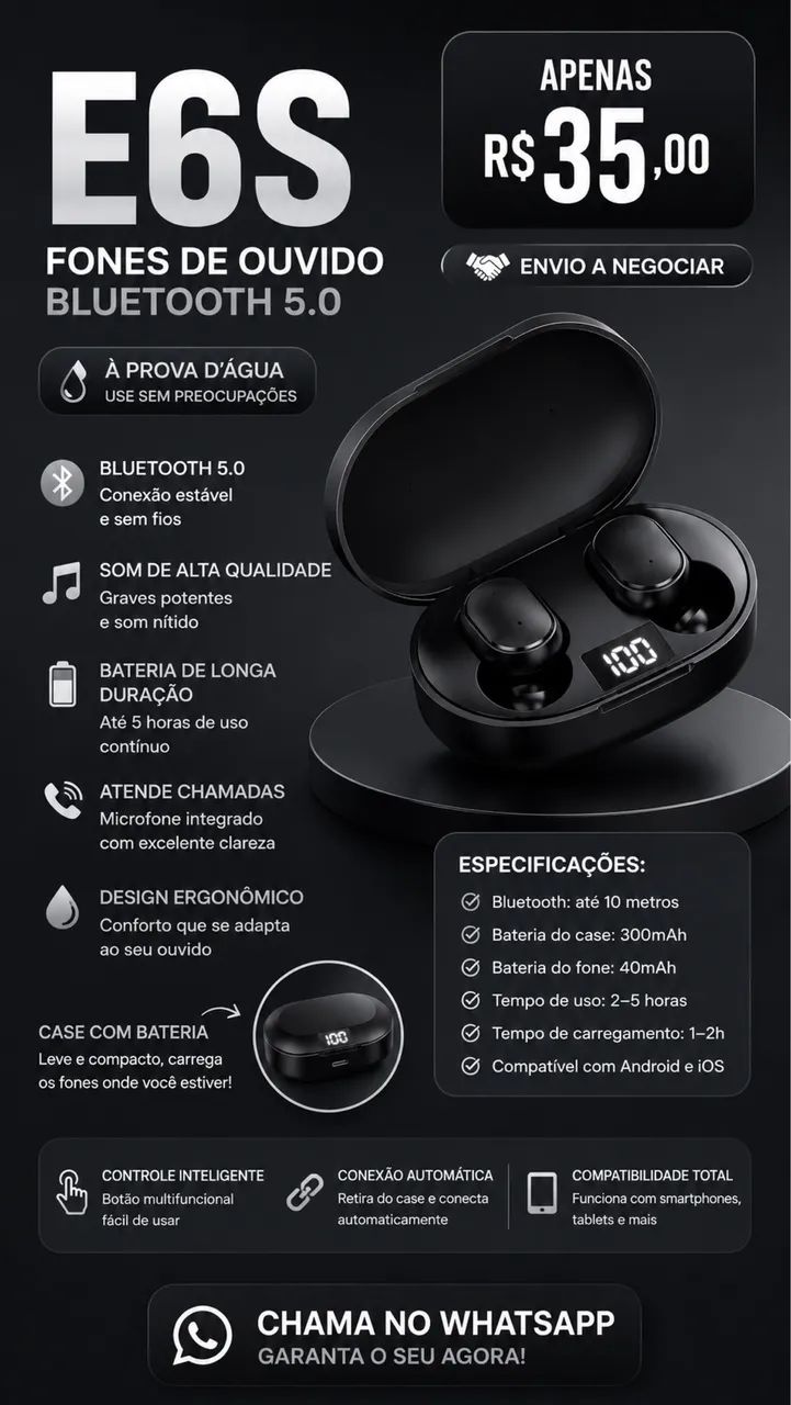 Fone de ouvido Bluetooth E6S