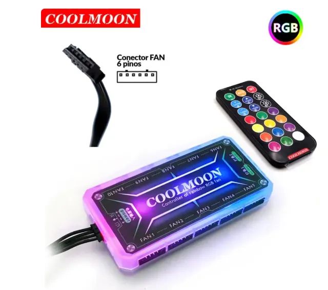 Controladora de Fan 6 pinos RGB Coolmoon ou Kbm, com LED e Controle Remoto
