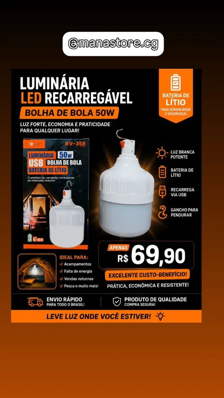 Luminária 50W a bateria 