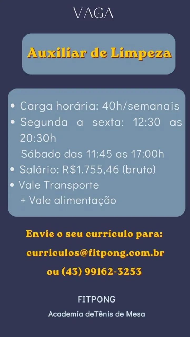 Vaga Auxiliar de limpeza 