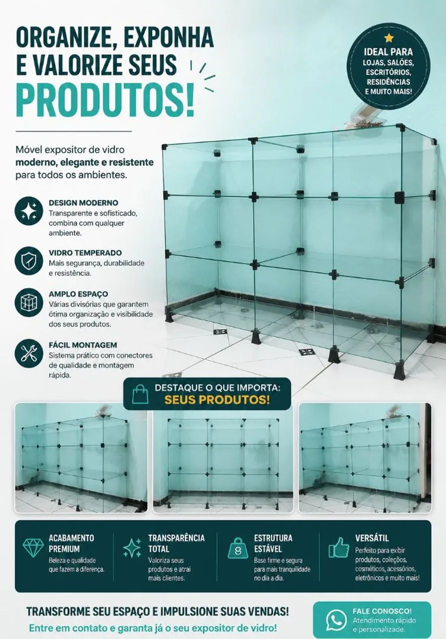 Expositor de Vidro Temperado | Balcão Vitrine de Vidro Grande