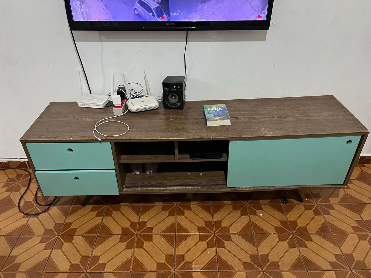 Rack para TV Estilo Retrô (Amadeirado com Verde-Água) - Foto 2
