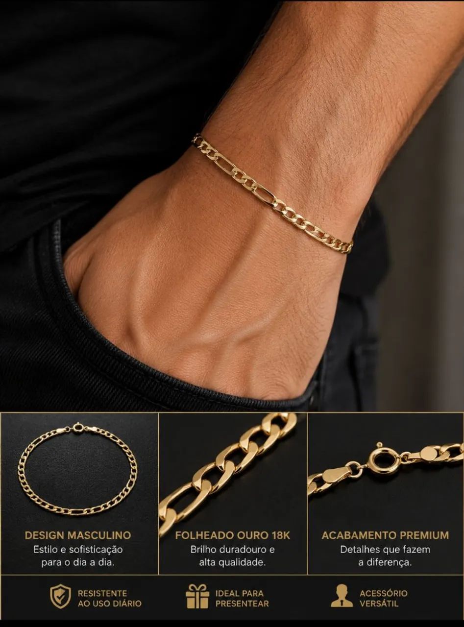 Pulseira e cordão Masculino Folheado ouro 18k - Foto 2