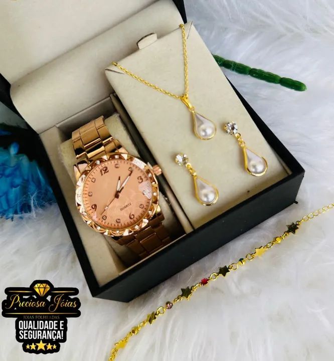 Conjunto relógio comum feminino acompanha colar e par de brincos elegance - Foto 4