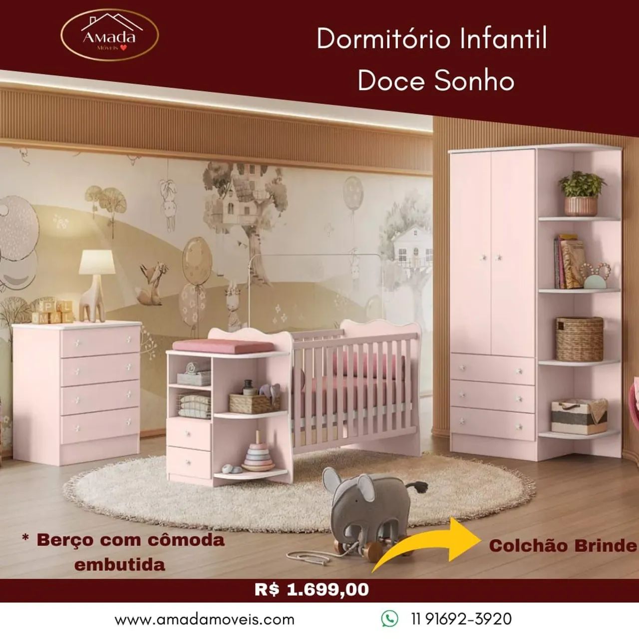 Quarto Infantil Completo Doce Sonho - Berço com cômoda embutida - Entrega em 3 dias 
