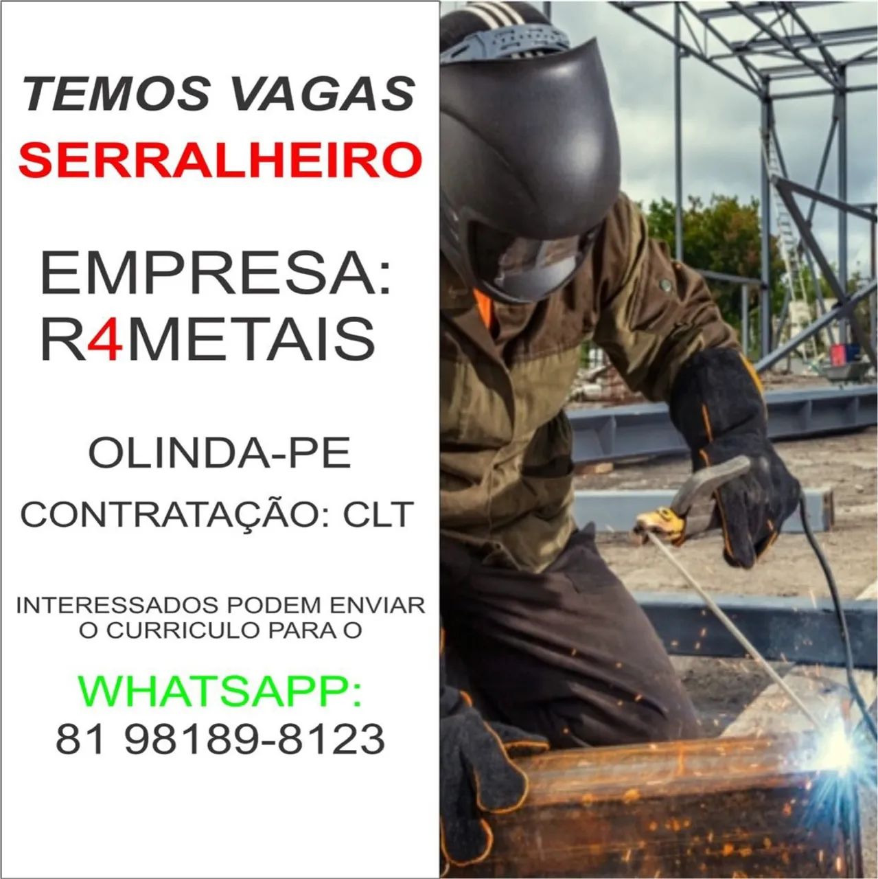 Temos vagas de Serralheiro 