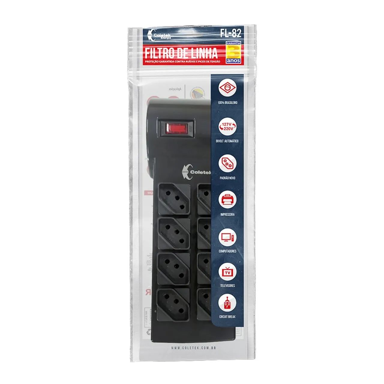 Extensao Filtro De Linha Com 8 Tomadas FL-82BK C3 Tech - Foto 3