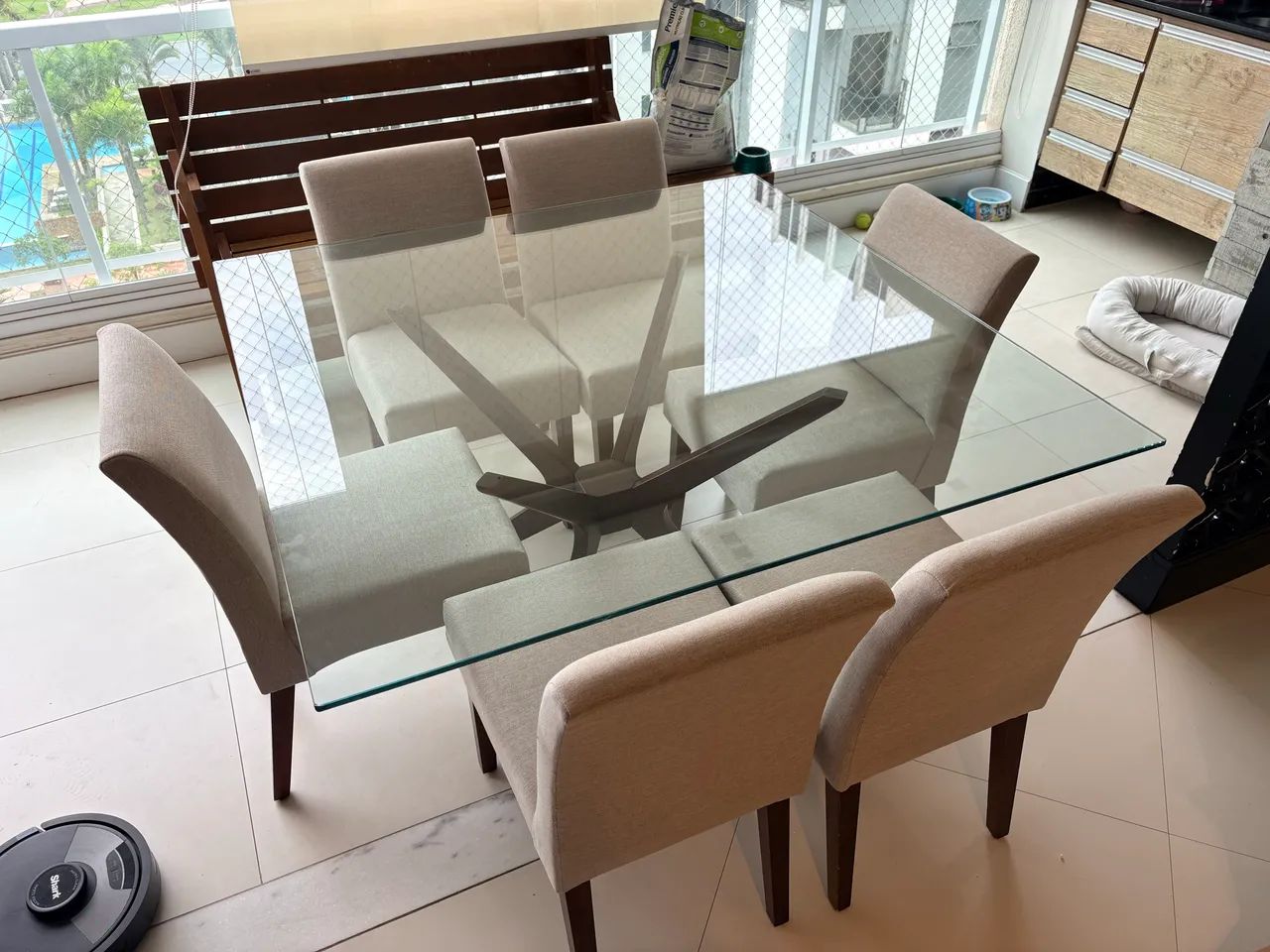 Conjunto mesa vidro com 6 lugares