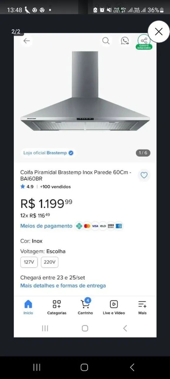 Coifa piramidal  brastemp 