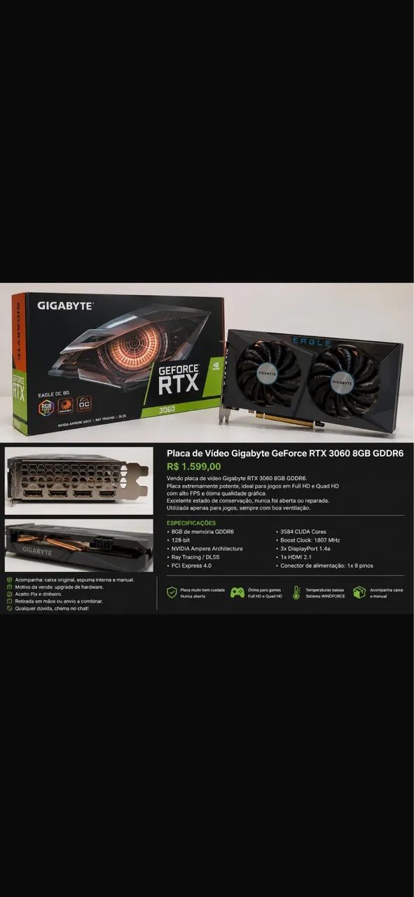 Placa de video 3060 8gb com caixa