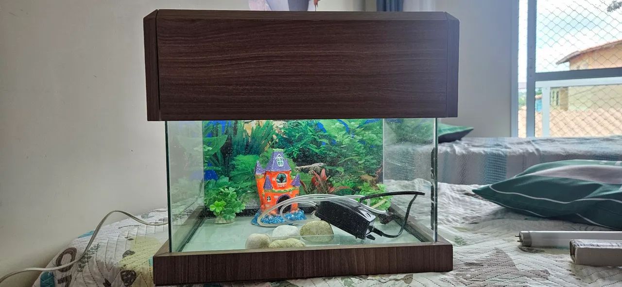 Aquário 30 Litros com 2 luminárias e enfeites