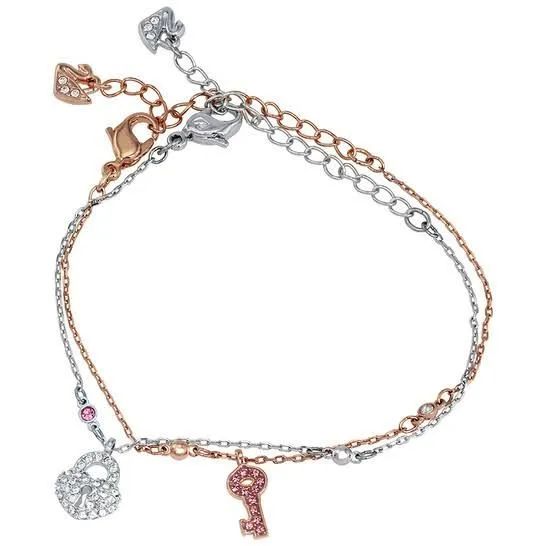 Pulseira Swarovski Chave e Cadeado Prata/Rose