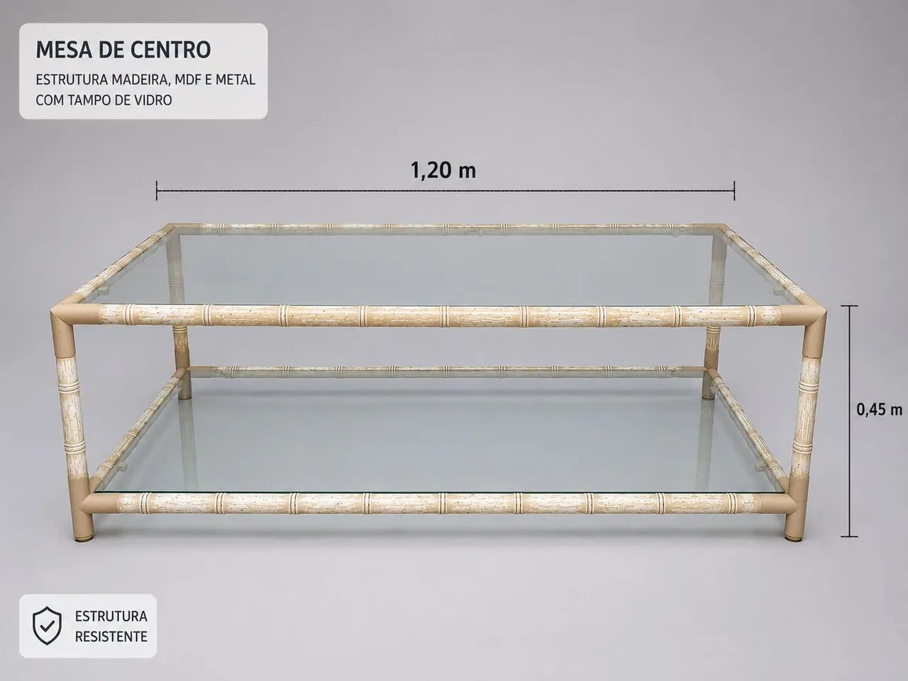 Mesa centro estilo bambu com tampo e prateleira de vidro  - Foto 2