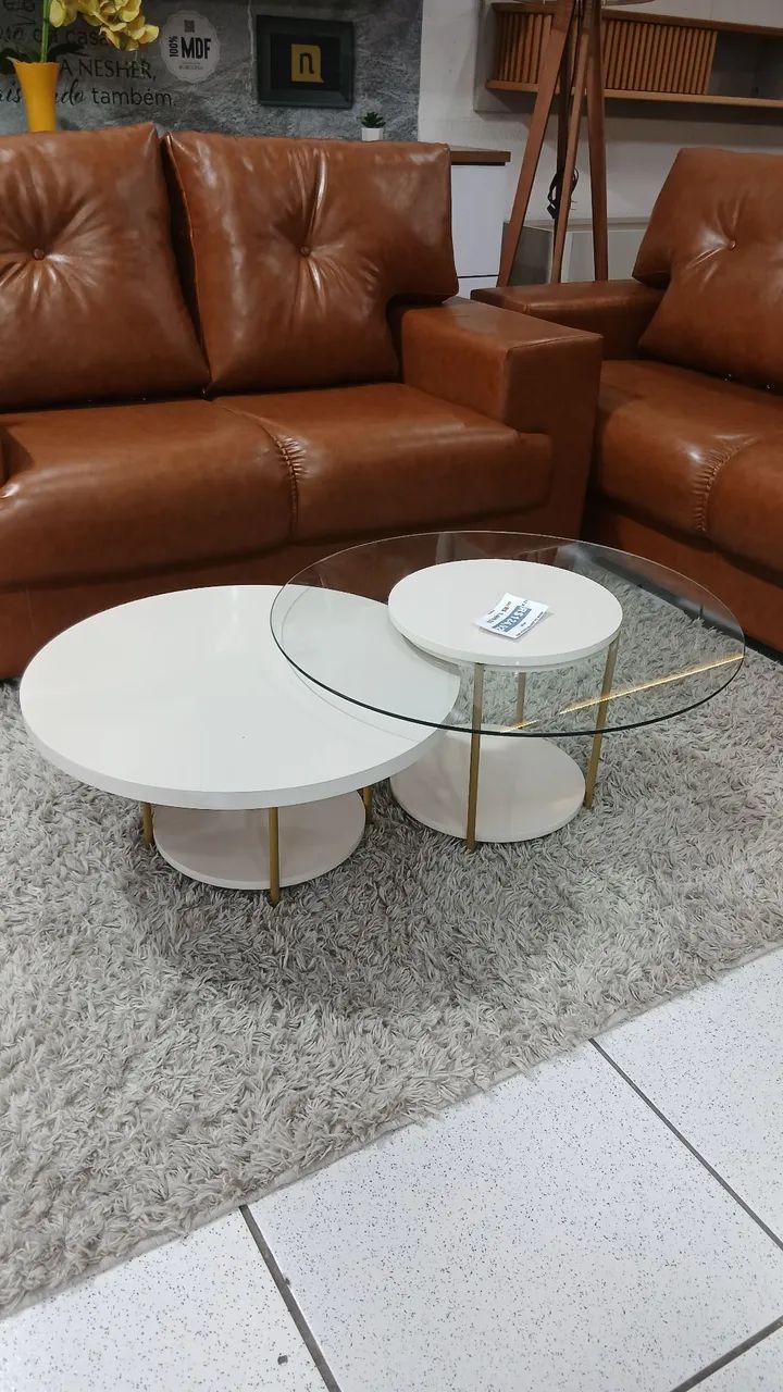 Conj. Mesa de centro 100% MDF com pés em aço dourado 