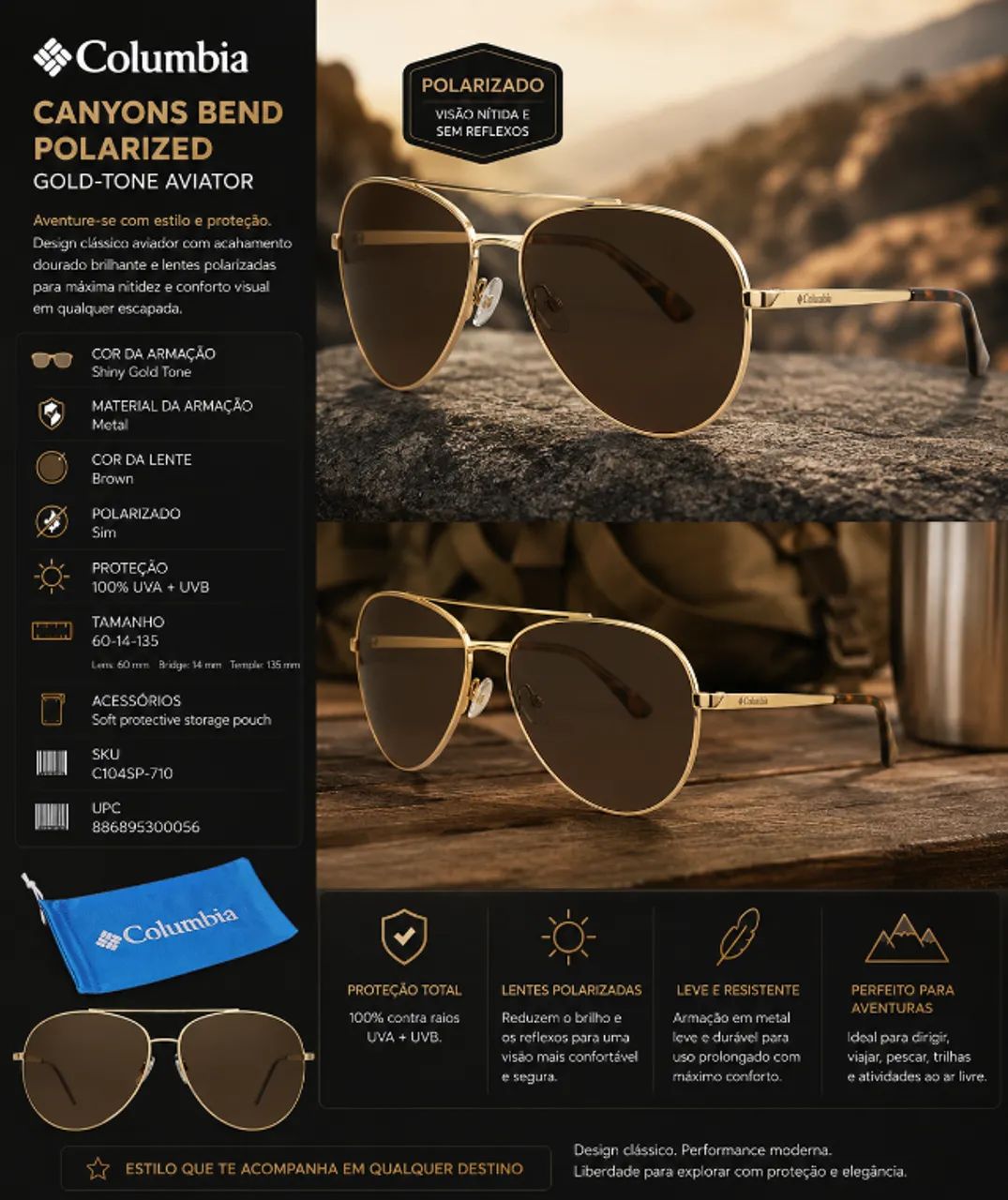Óculos de sol Columbia Canyons Bend Polarized Gold-Tone Aviator