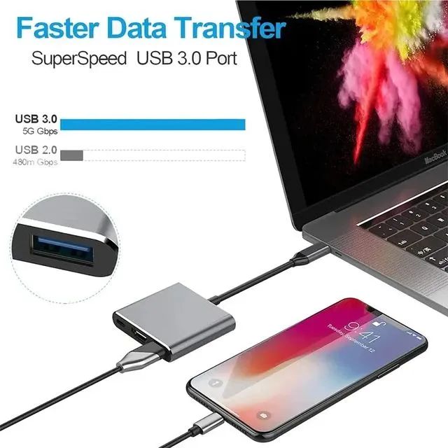 Adaptador Hub 3 em 1 com HDMI, USB-C, USB 3.0, tipo C - Foto 2