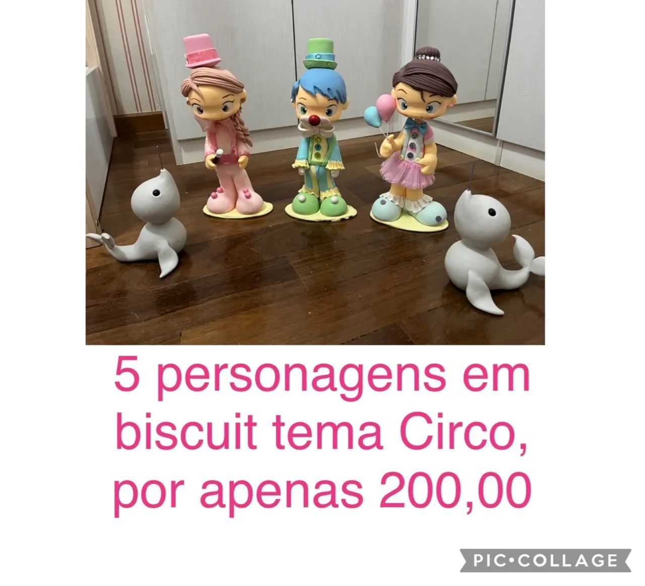 5 personagens em biscuit tema Circo