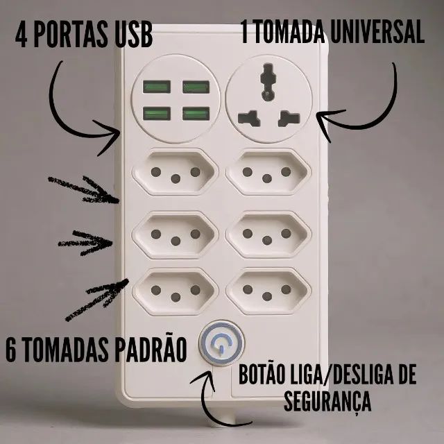 Extensão Régua Elétrica 7 Tomadas Com 4 Usb  - Foto 2