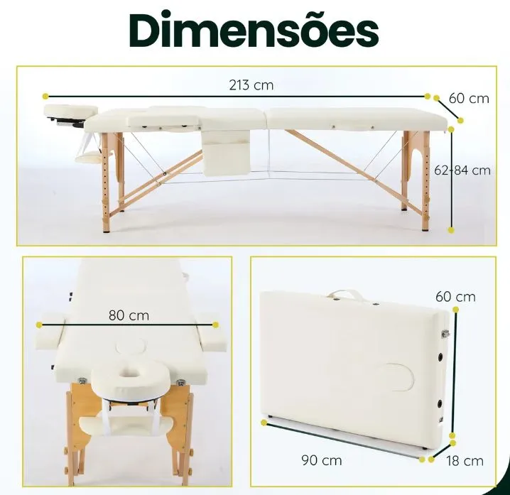 Maca de Massagem Portátil Profissional - Dimensões Detalhadas