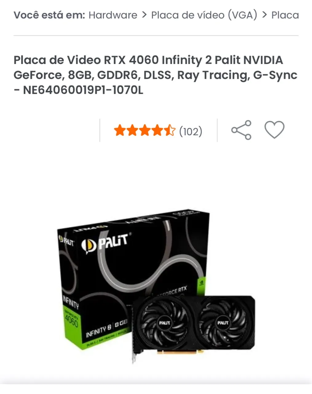 Placa de Vídeo RTX 4060 Infinity 2 Palit NVIDIA GeForce 8GB