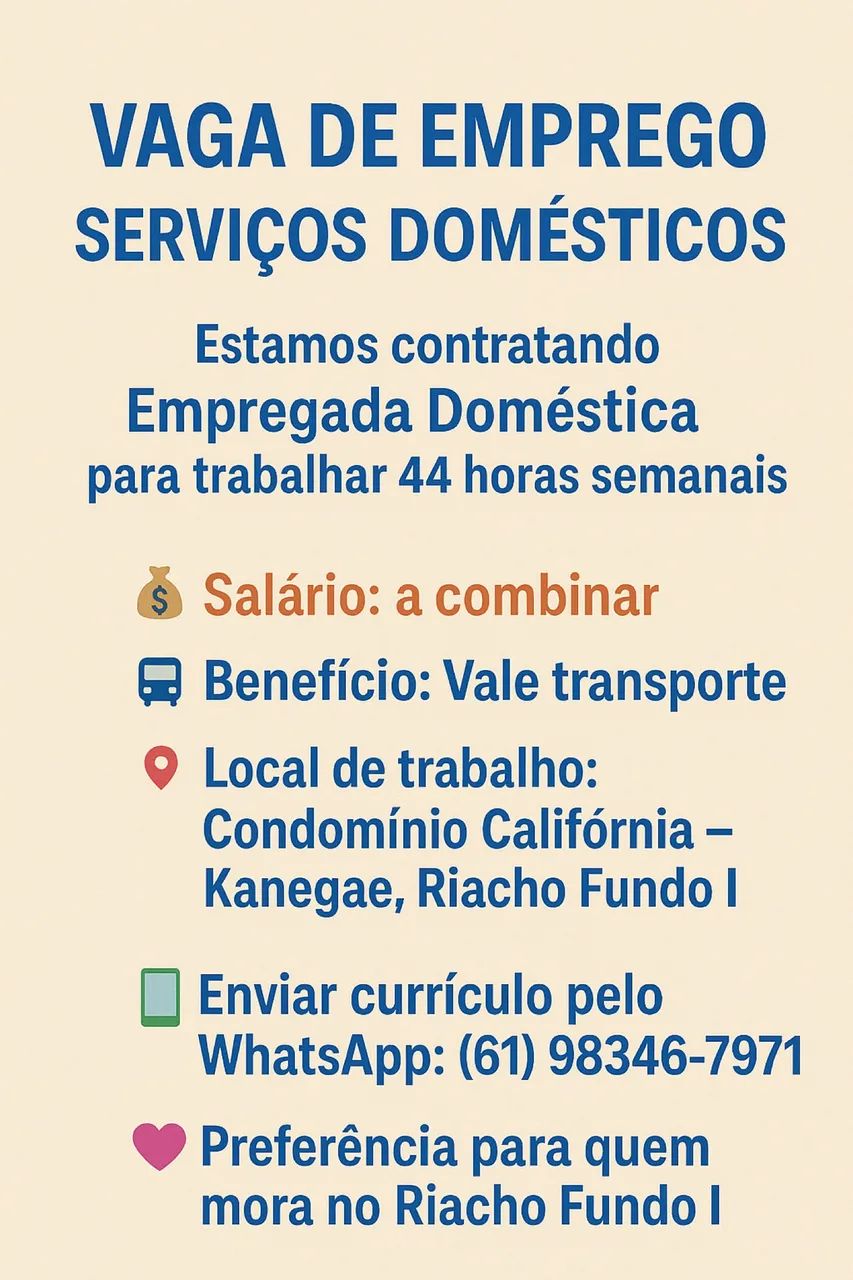 Empregada Doméstica - Vagas de emprego - Riacho Fundo I, Brasília ...