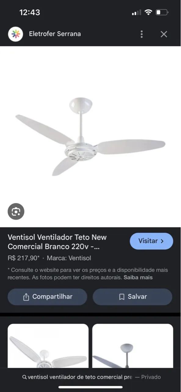 Ventilador de Teto Ventisol New Comercial Branco 220V - 3 Pás