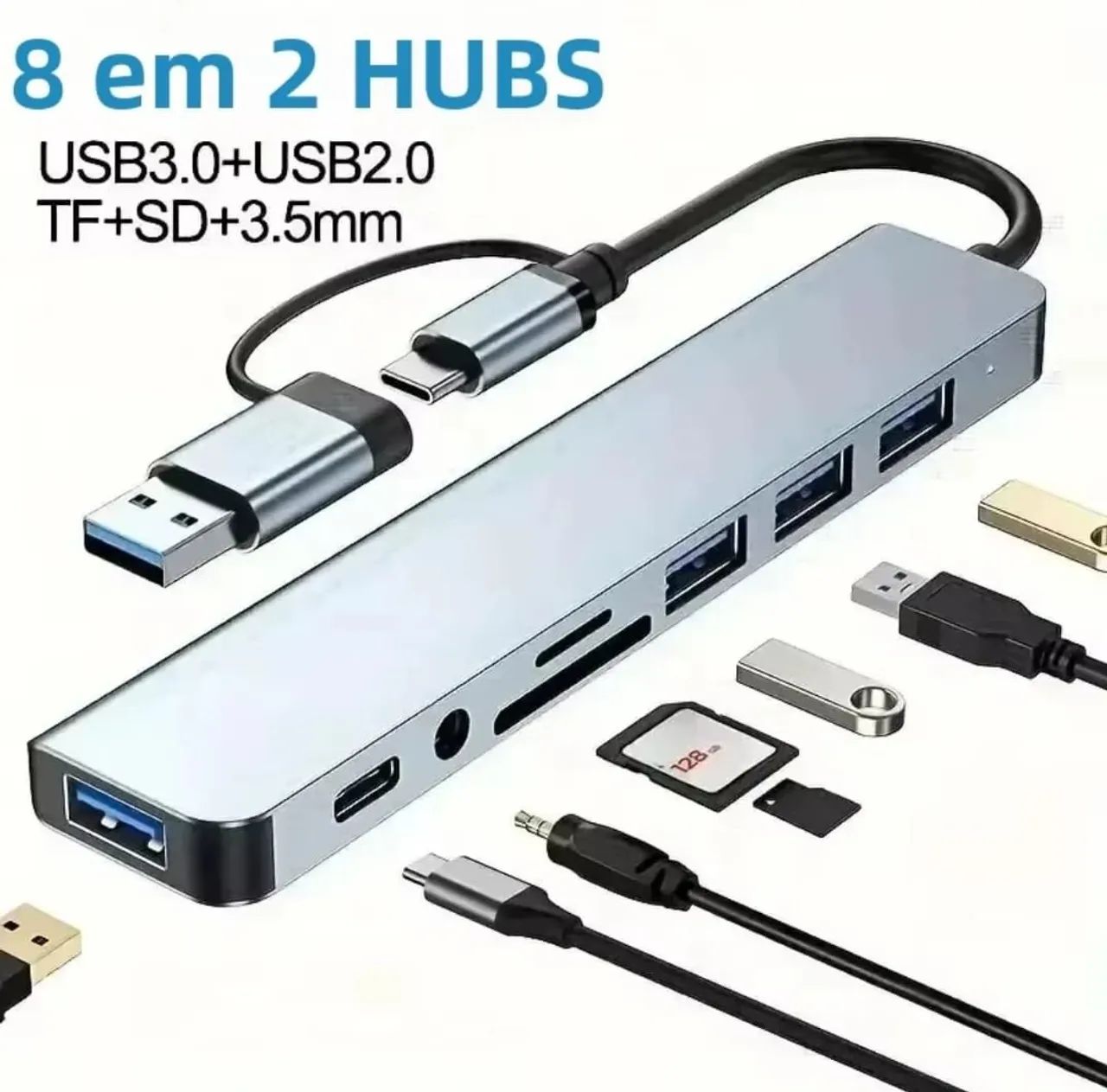 Hub 8 em 2 Tipo C USB 