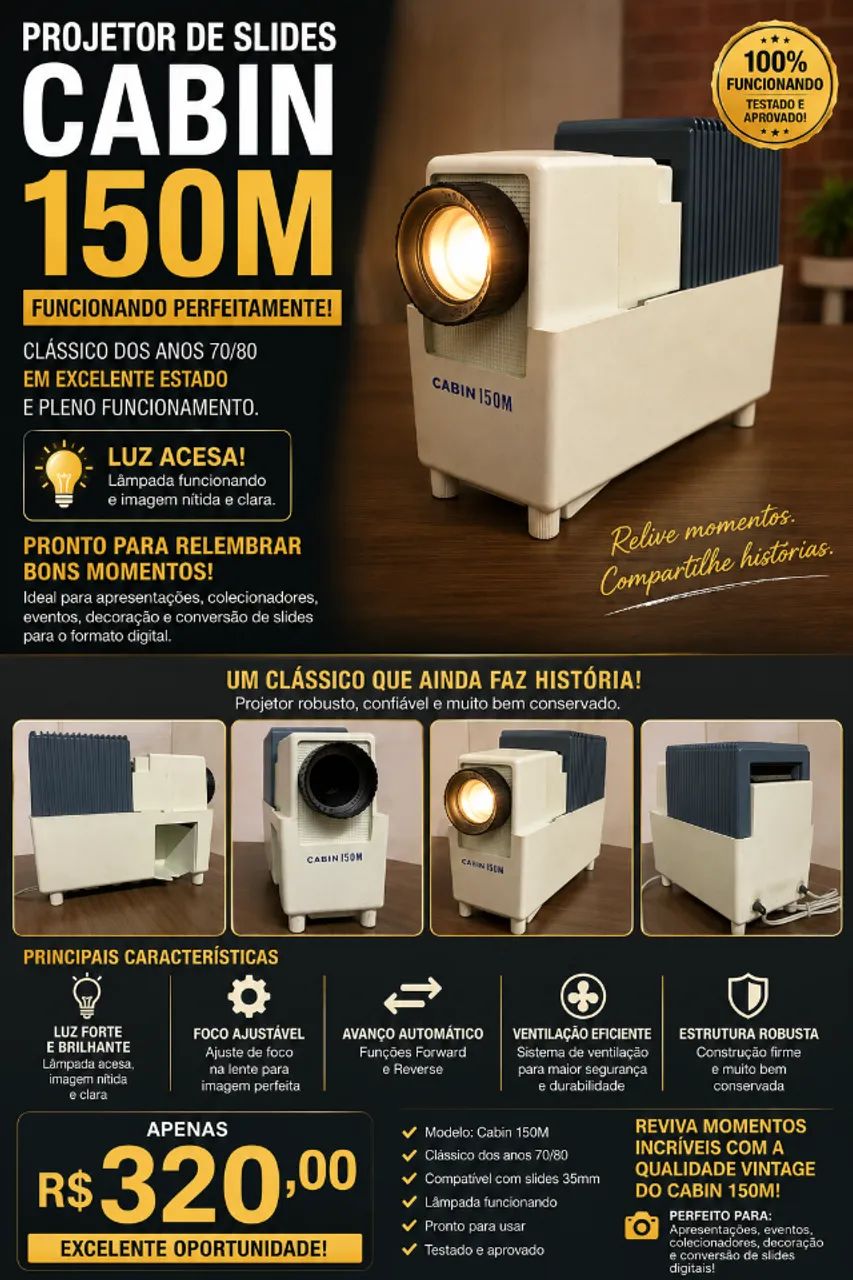 Projetor de Slides Cabin 150M - Excelente estado