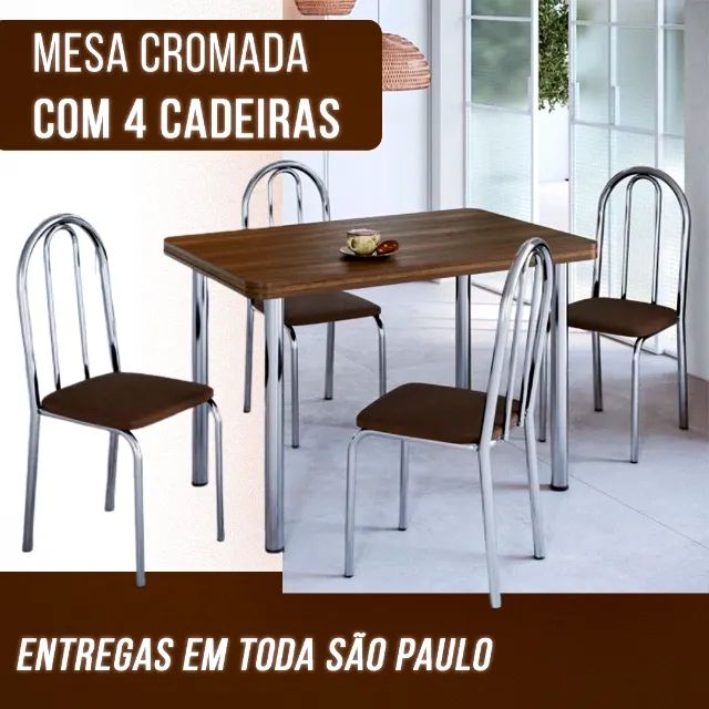 Mesa de jantar 4 cadeiras cromada marrom