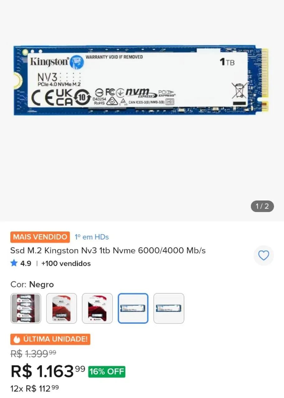 SSD 1TB Kingston (Acompanha case USB) - Foto 2