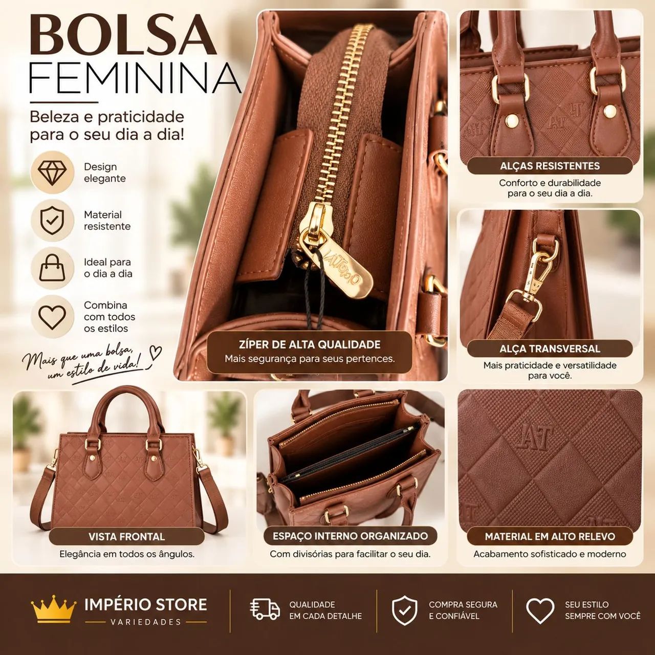 Bolsa Feminina Elegante com Alça Transversal Ajustável - Foto 2