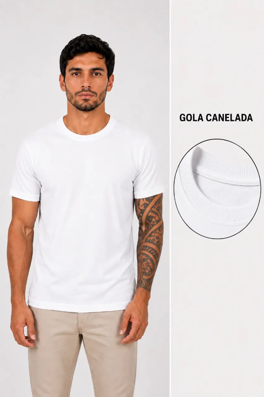 Camiseta Algodão Penteado Gola Canelada Branca - Foto 2