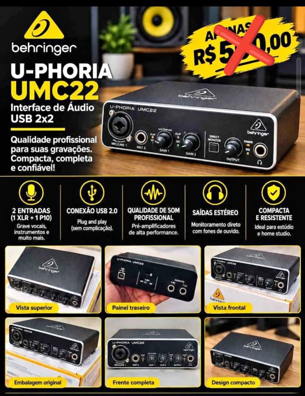 Placa/interface de áudio Behringer U-PHORIA UMC22 