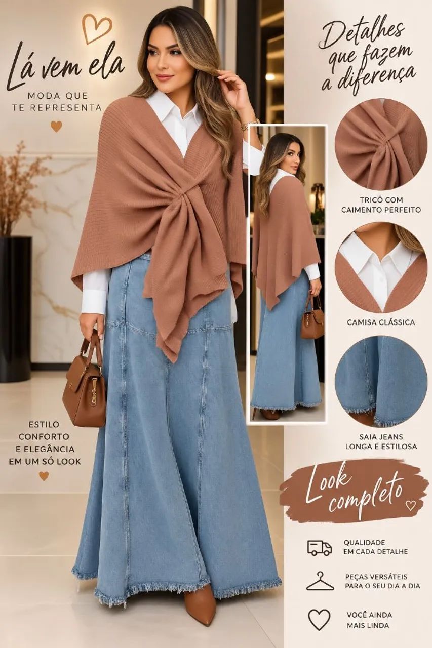 Poncho tricô e saia jeans longa