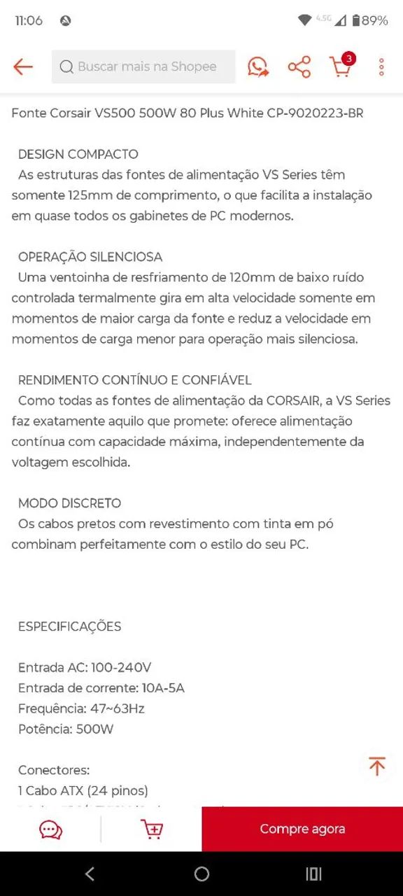 Fonte Gamer Corsair VS500  80 Plus Bronze seminova. - Foto 5