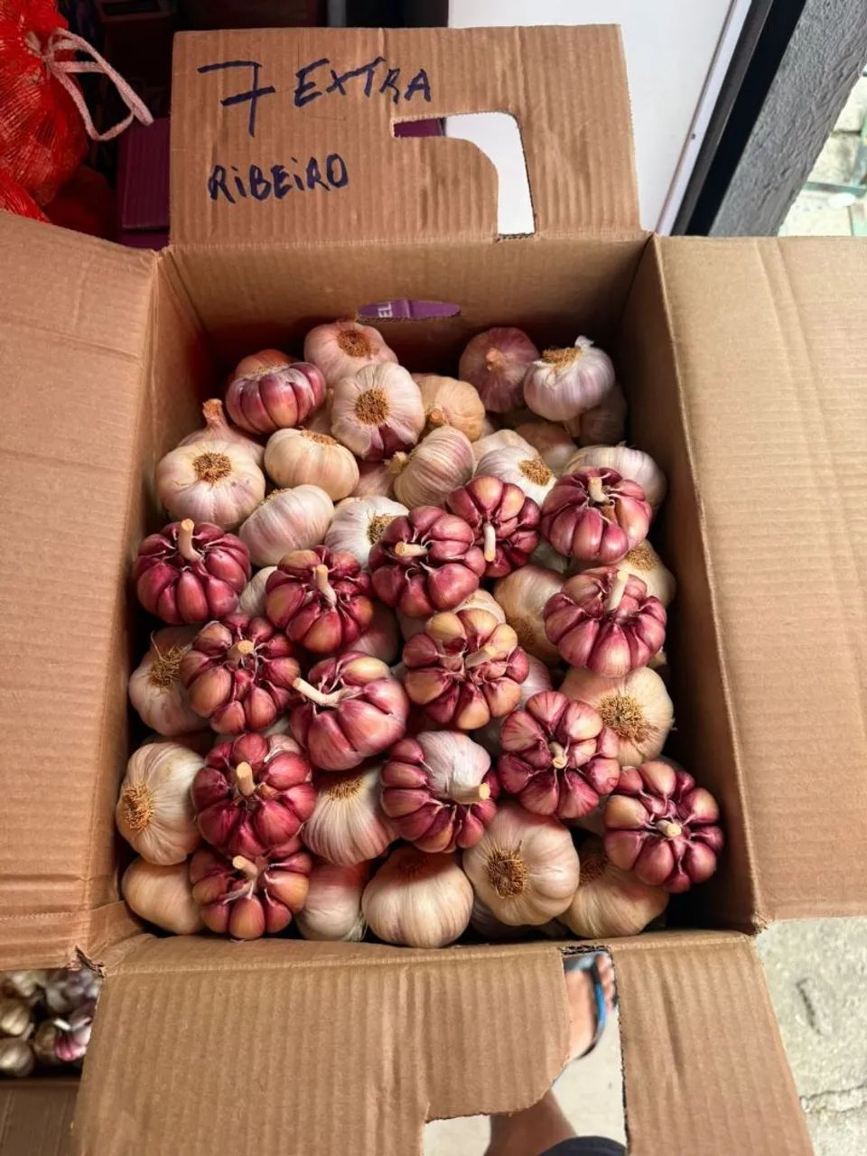 Caixas de alho roxo