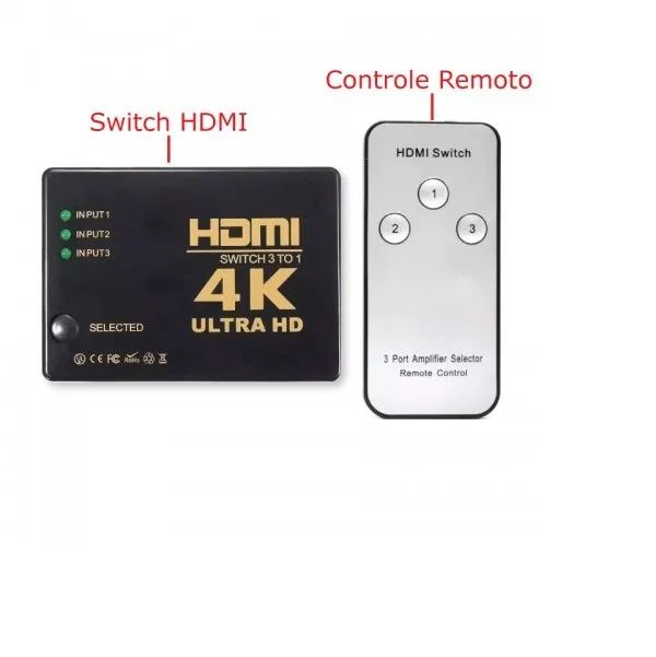Switch Hdmi 3x1 4k Com Controle Full Hd 3d