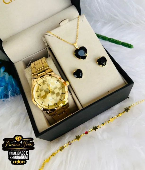 Conjunto relógio comum feminino acompanha colar e par de brincos elegance