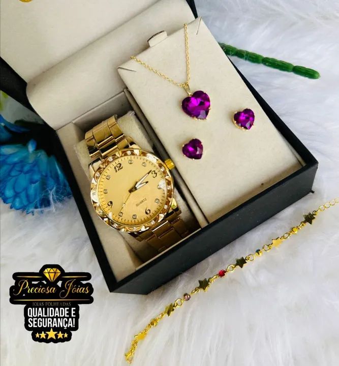 Conjunto relógio comum feminino acompanha colar e par de brincos elegance - Foto 3