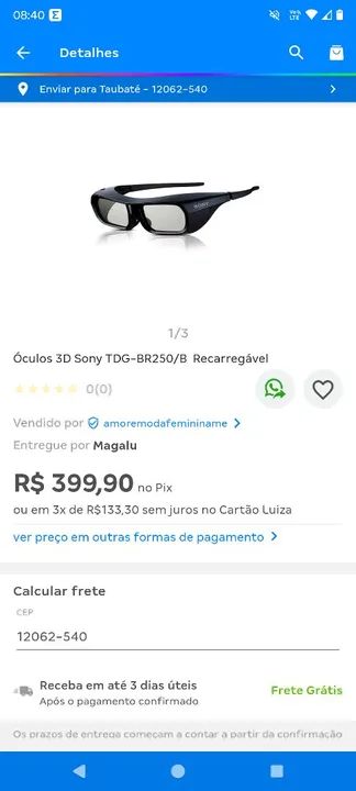 Óculos 3D Sony TDG-BR250 - Novo - Foto 3