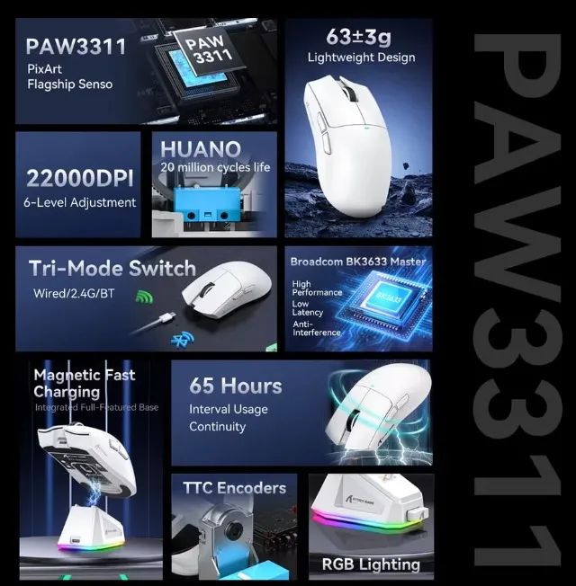 Mouse Sem Fio Attack Shark x11 C/ Dock de carregamento 22k DPI, RGB, Branco [Novo] - Foto 3