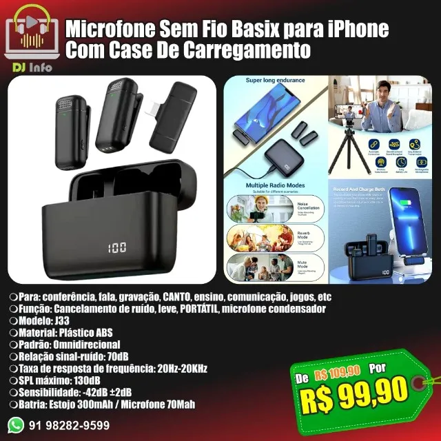 Microfone Sem Fio Basix para iPhone Com Case De Carregamento