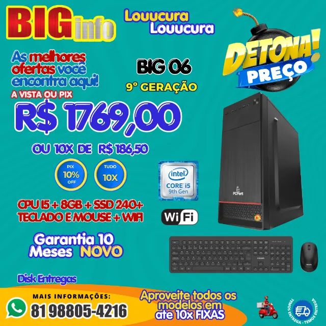 Computador  Core I3 9100, 8GB DDR4, SSD 240GB - Em ate 10x Fixas 