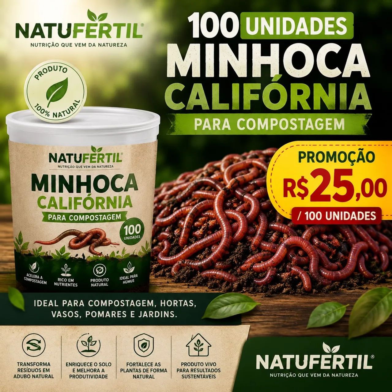 Minhoca Califórnia 100 Unidades Para Compostagem Natufértil